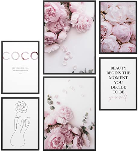 Papierschmiede® Mood Poster Set Coco Peony, Bilder Wohnzimmer Deko Schlafzimmer, 2x DIN A4 und 4x DIN A5, rosa Pfingstrosen Eukalyptus Floral - ohne Rahmen