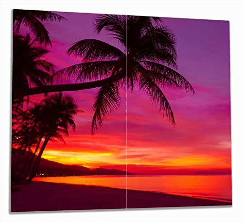 Wallario Herdabdeckplatte/Spritzschutz aus Glas, 2-teilig, 60x52cm, für Ceran- und Induktionsherde, Abendrot unter Palmen - Pinker Himmel am Strand
