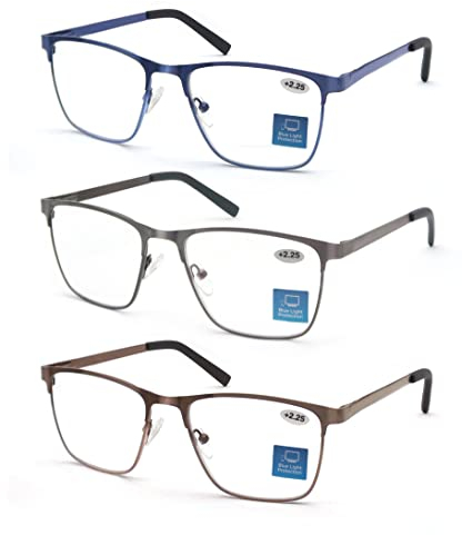 MODFANS 3 Paire de Lunettes de Lecture 3.0 Homme Anti Lumiere Bleue - Monture Rectangle en Metal Acier Inoxydable Lunettes de Vue Lunettes Loupe Gris-Bleu-Marron
