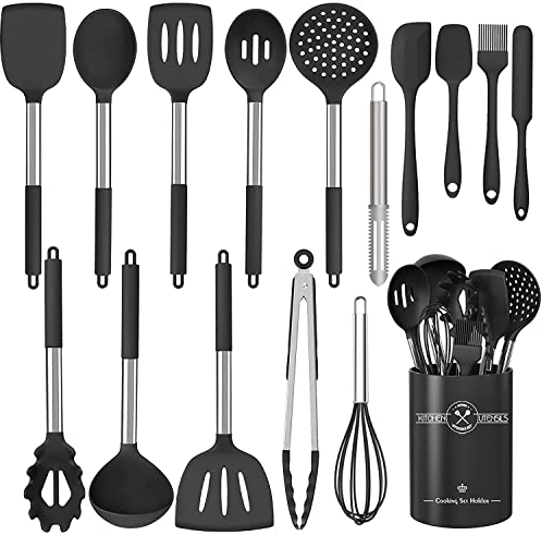 16 PCS Silicone Kitchen Cooking Utensils Set, Heat-Resistant Utensil Set with Premium Stainless Handles for Cooking and Baking, Non-Stick Spatula Kitchen Gadgets Cookware Set