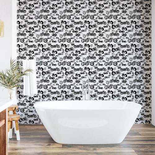 ABAKUHAUS Motorrad abziehbare & klebbare Tapete für Zuhause, Retro Chopper Entwurf, selbstklebendes Wohnzimmer Küchenakzent, 33 cm x 250 cm, Schwarz-Weiss