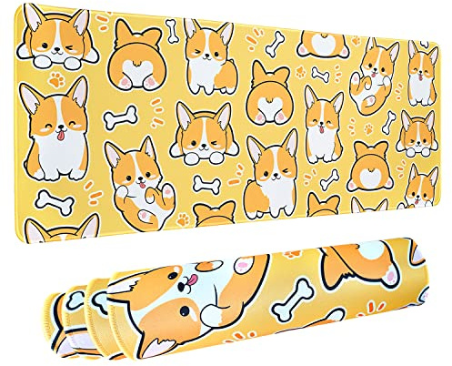 Kawaii Corgi Gaming Mouse Pad for Desk, Extended Large Corgi Dog Mouse Pad, Orange Mousepad XL, Long Big Mouse Mat, Kawaii Corgi Decor Stuff Accessories, 31.5 X 11.8 Inch