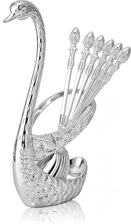 6 Pièces de Cuillères à Café Cygne, Ensemble de Cuillères à Dessert à Café en Métal, Dessert Couverts Swan Base Holder, Postuler à pour Gâteau Salade Cocktail Dessert(Argent)
