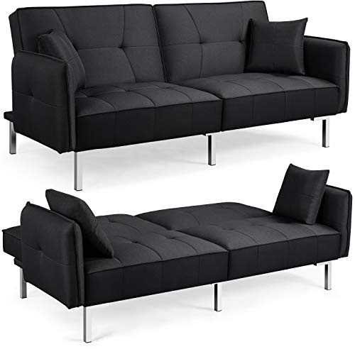 Yaheetech Klappbares Schlafsofa Bettsofa aus Leinenstoff Tagessofa mit 2 Kissen, Sofa Couch mit Bettfunktion Liegefläche 177 cm L × 110 cm B fürs Wohnzimmer/Schlafzimmer/Gästezimmer Hellgrau
