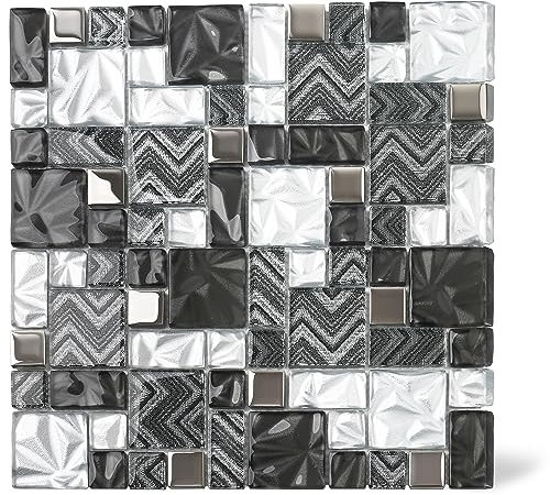 Elephantile Mosaik-Glasfliesen, quadratisch, 30,5 x 30,5 cm, Schwarz, Silber, quadratisch, 30,5 x 30,5 cm, klare weiße Kristall-Mosaikfliesen für Küche, Backsplash Kamin, Badezimmer, Bordüre, Akzent,