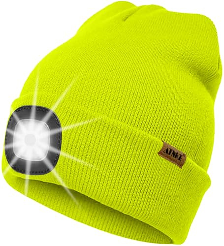 ATNKE LED Beleuchtete Mütze mit Licht,Wiederaufladbare USB 4 LED Beleuchtete Laufmütze Extrem Heller Lampe Winter Warme Stricken Mütze Technik Geschenke für Herren und Damen