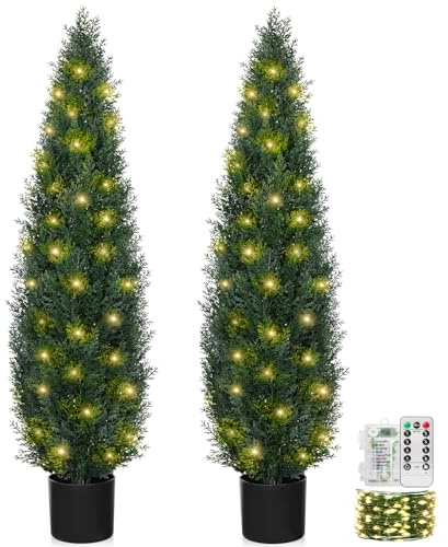 4FT Topiary Trees Artificial Outdoors 2 Pack, Two 4 Foot UV Resistant Faux Cedar Topiary Ball for Outdoor Front Porch Door, Set of 2 Fake Pine Cypress Tree with Led String Light