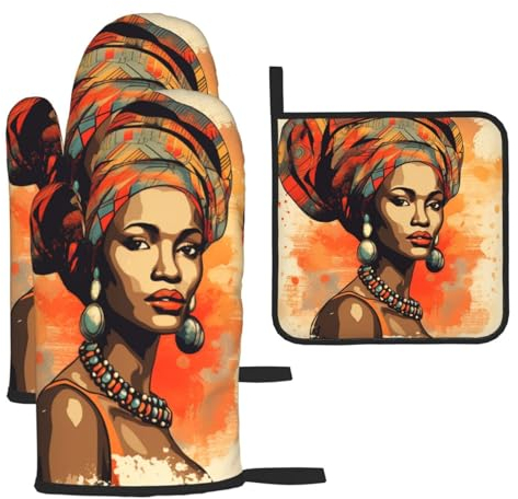 TropicalLife Ofenhandschuhe und Topflappen im Vintage-Stil, Motiv: afrikanische Frauen, hitzebeständige Ofenhandschuhe zum Kochen, Backen, Küche, Grillen