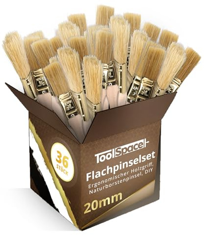 ToolSpace Platt penselset – 36 st – 20 mm – målningssats, fin naturborste för väggar, svåråtkomliga platser – ergonomiskt trähandtag, gör-det-själv