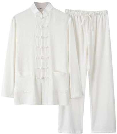 Oanviso Completi Uomo Tuta Cotone e Lino Completi Due Pezzi Pantaloni Camicia Henley Stile Cinese Tute da Jogging Leggero Tuta di 2 Pezzi Maniche Lunghe Set Retro Casual Suits Kung Fu A Bianco XXL