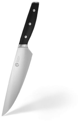MasterChef Kochmesser Profi Messer aus Kohlenstoffreichem Edelstahl, Dreifach Vernieteter Griff, Tranchiermesser mit Stahl Kropf, Vollzapfen, Superscharf, 20cm Klinge, Silber