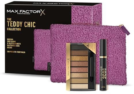 Max Factor, Cofanetto Regalo Donna Teddy Chic, Pochette in morbido tessuto teddy con Mascara 2000 Cal Black + Palette Ombretti Masterpiece Nude Palette Golden