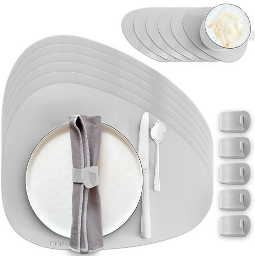 MIQIO Tischset aus Kunstleder - 18er Tisch- Untersetzer-Set - Leder Platzsets abwaschbar - 6 Platzsets, Glasuntersetzer, Serviettenringe | grau | stoneförmig