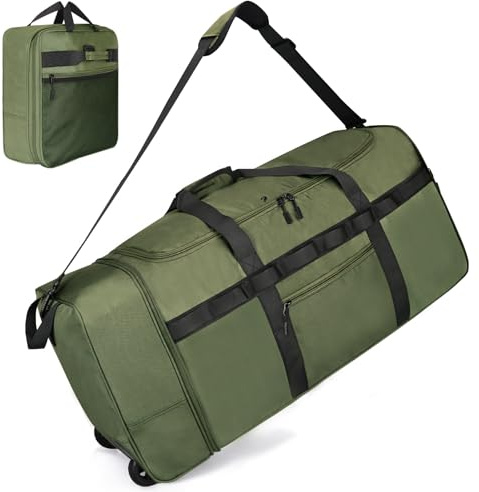 Rolling Duffle Bag with Wheels, 85L Expandable Rolling Duffel Bag for Travelling, Extra Large Foldable Carry on Travel Duffle Bag for Men, Green, Extra lage, Travel/ Camping