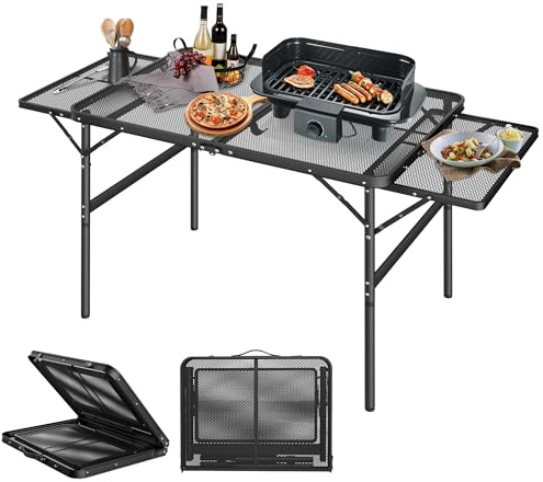 XMTECH Campingtisch Klapptisch Grilltisch Klappbar 90x60 cm, auf 134x60 cm erweiterbar, höhenverstellbarer Falttisch, Beistelltisch，Gartentisch, Leicht und Tragbar für Strand Picknick