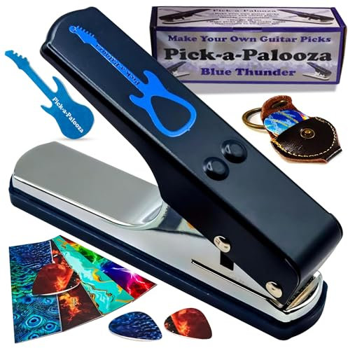 Pick-a-Palooza DIY Guitar Pick Punch Gift Pack - Premium Pick-Maker with Leather Key Chain Holder, 4 Strips and a File - Blue Punch, Assorted Strips