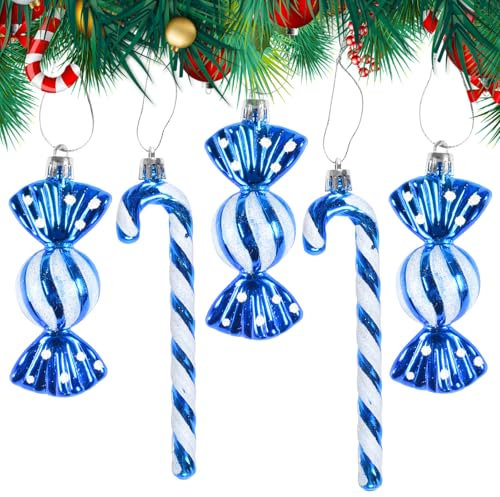 Asyinxson 18 StüCk Glitzer Mini Weihnachten Deko,Weihnachtsbaumschmuck,Weihnachtsdeko FüR Geschenke,Schwarz & Weiß Candy Zuckerstangen Decoration for Holiday and Party Deocation (Blau)