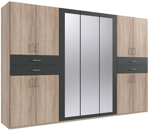 Lomadox Kleiderschrank mit Spiegel, 313 cm breit Garderobenschrank Wardrobe Schlafzimmerschrank Schrank modern in Eiche sägerau mit Graphit