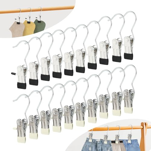 20 Metal Ganchos con Clips Antideslizantes - Perchas de Pinza - Perchas Pinzas - Colgador de Botas Giratorio de 360°- Adecuado para Pantalones, Toallas, etc