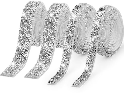 nastro in resina da 4 Iarde, autoadesivo in cristallo strass argentati abiti sposa fai te cintura gonna vaso torte e feste decorazione della cassa telefono (argento, 10mm & 20mm)