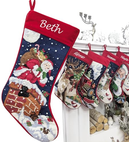 Santa on Chimney Needlepoint Christmas Stocking - Personalized Name Embroidery Family Holiday Keepsake Décor