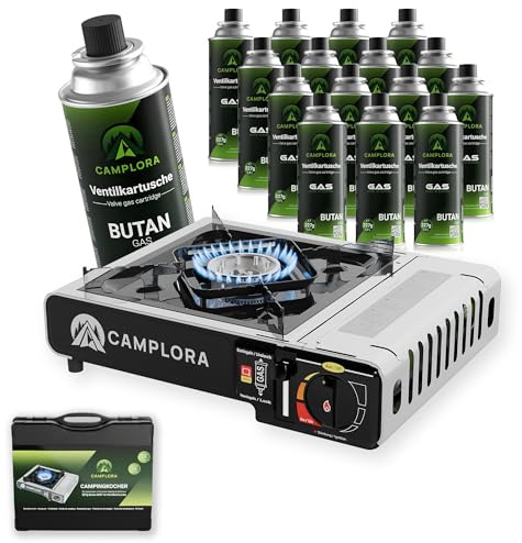 Camplora Réchaud à gaz avec 16 cartouches de gaz et sac de transport, avec allumage piézo, réchaud de camping de 2,2 kW, avec arrêt de sécurité