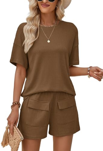 Rayson Completo Donna Estivo 2 Pezzi Casual Set Pantaloncini con Tasche e Maniche Corte Elegante Girocollo Abbigliamento Sportivo(Marrone,L)