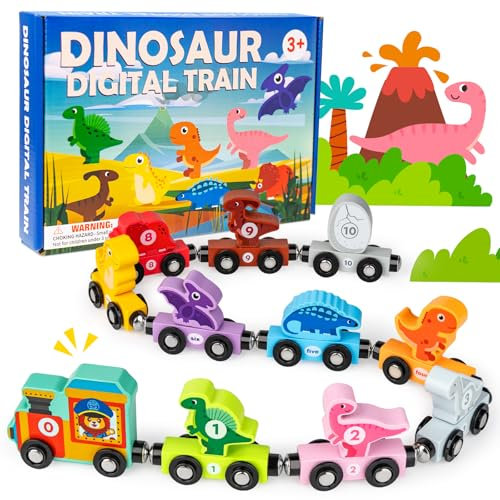 Dinosaurier Holzeisenbahn Magnetic Set, Commodum 10 Pack Holzzug Montessori Magnetzug Set, Montessori Pädagogisches Lernspielzeug, Kleinkindspielzeug, Geschenke für Kinder 3+