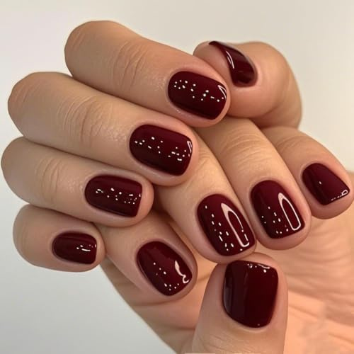 SXVME 48 Pcs Burgundy Red Press on Nails Short Square Acrylic False Nails Short Coffin Natural Fake Nail Set Elegant Solid Color Full Cover Glossy Gel Stick on Nails for Women Fall Winter Wear