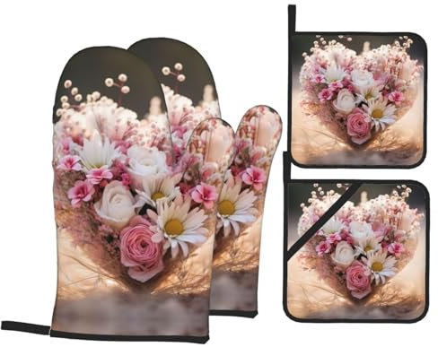 Guanti da forno con stampa di bouquet di cuori e presine, resistenti al calore, per cucinare e grigliare