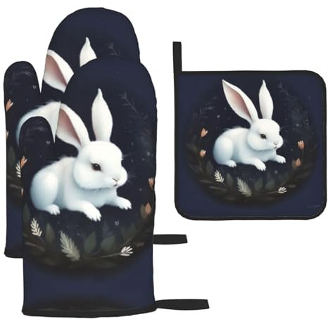 Niedliche weiße Ofenhandschuhe und Topflappen, 3er-Set, wasserdicht, hitzebeständig bis 260 °C, Mikrowellen-Ofenhandschuhe, Kochhandschuhe, Kochhandschuhe