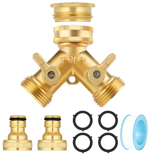 flintronic 3/4 2 Voies Distributeur en Y en Laiton, Robinet Double Sortie avec 2 Robinets, Robinet Double Machine a Laver, Répartiteur d'eau pour Connexion de 2 Appareils pour Robinet Jardin