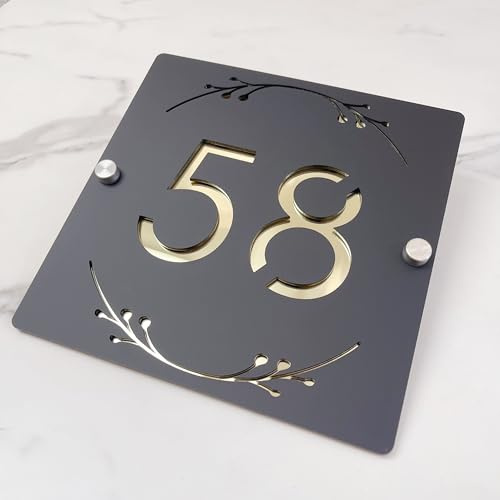 Panneau de numéro de maison 3D creux en acrylique avec motif floral ornemental – Plaque d'adresse personnalisée gravée au laser pour mur, finition mate, plaque de numéro de porte flottante (noir doré)
