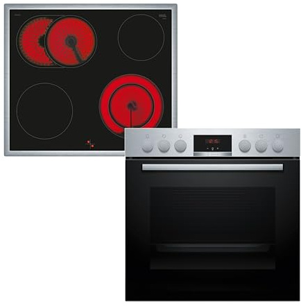 Bosch HND411LS63, Einbau-Herd-Set, Einbau-Herd 60 cm, HEA513BS3, Serie 4, 3D Heißluft, Heißluft sanft, Edelstahl & Elektro-Kochfeld 60 cm, NKN645GA2E, Serie 4, Herdgesteuert, 21cm Kochzone, Mit Rahmen