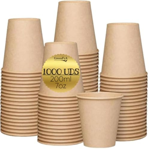 GreenFyA Caja 1000 Vasos Desechables 200ml (7oz) Vasos Cafe Desechables apto Agua-Bebidas Calientes y Frias- Ideales para Fiestas, Eventos, Catering, Oficinas y Hostelería (Kraft)