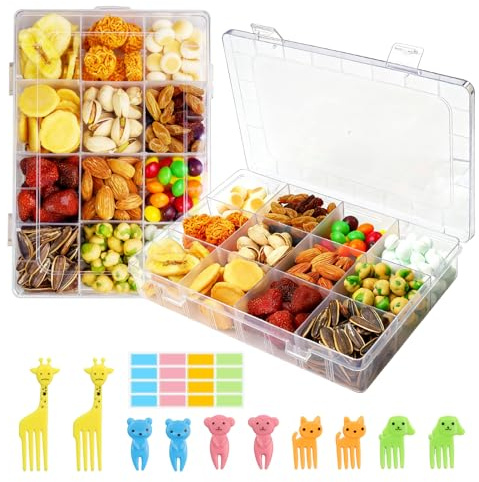 2Pcs Snack Box with Compartments, Travel Snack Box with 10 Fruit Fork, Clear 12 Grids Organiser Storage Box, Multi Plastic Organiser, Removable Compartments Snackle Boxes for Snack, Fruits, Beads