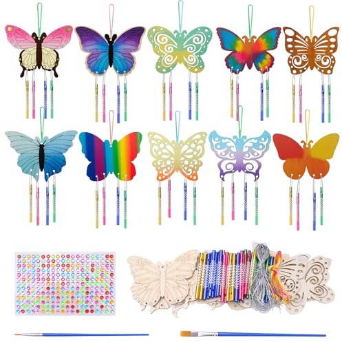 Yitexin 10 Packung Schmetterling Windspiel Bastelset, Machen Sie Ihr Eigenes Schmetterling Bastelset, Hängende Windspiel Basteln Outdoor Färbung Holz Kunst und Handwerk (Bunt)