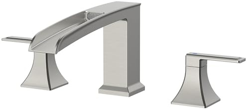 FORIOUS Waterfall Bathtub Faucet Set 3 Hole Brushd Nickel, 2 Handle Deck Mount Roman Tub Faucet Widespread with Pre-Installed Water Hose for Garden Bathroom Bath Sink