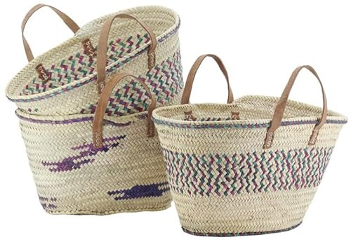 Cesto da Mercato Artigianale in Palma Intrecciato, Borsa da spesa con manici in pelle, motivi geometrici colorati, dimensioni 50 cm