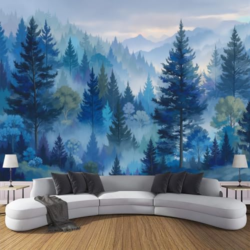 ZISTRCBAO Papier Peint Soie Brume De La Forêt Crépusculaire 350x256cm, Papier Peint Panoramique Paysage Abstrait À L'Aquarelle, Bleu Décoration Murale Pour Salon Chambre Décor Fond TV