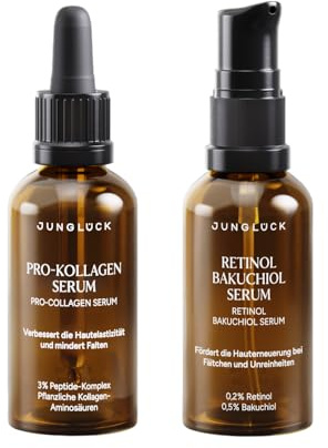 JUNGLÜCK Bye Bye Falten Kombi | Geschenkset mit Retinol Serum & Pro Kollagen Serum für weniger Falten – Straffere Haut & mehr Elastizität