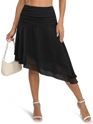 Wenrine Gonna da donna in tulle, midi, in rete, asimmetrica, lunghezza al ginocchio, con volant, plissettata, a gradini, a vita alta, minigonna, Nero , S