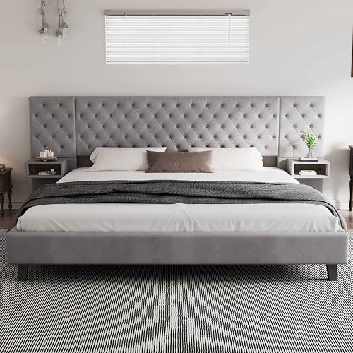 Merax King Size Velvet Upholstered Platform Bed Frame, 2 Built-in Nightstands, Wingback Headboard Diamond Tufting, No Box Spring Needed, for Master Bedroom, Guest Room, Grey