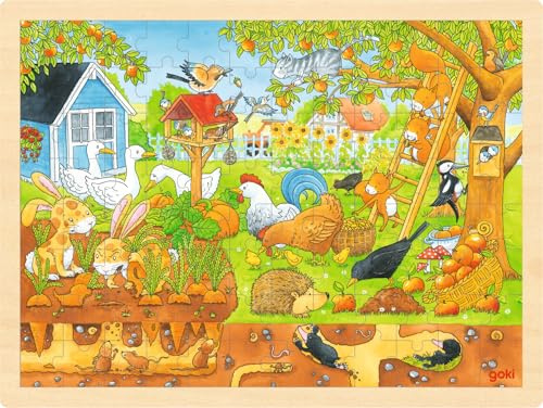 Goki 57743 Einlegepuzzle Unser Garten aus Holz, 96-teilig