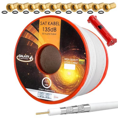 HB-DIGITAL SET 50m Koaxial SAT Kabel 135db Weiß + 10x F-Stecker vergoldet + 1x Abisolierer | CU Reines Kupfer Satellit Antennenkabel 5-Fach geschirmt für DVB-S/S2 -C/C2 -T/T2 DAB+ Radio BK Anlagen