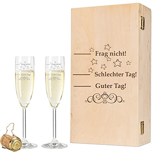 GRAVURZEILE Leonardo Sektgläser im Set mit Gravur Schlechter Tag, Guter Tag - Frag nicht! - inkl. gravierter Vintage-Holzkiste - Lustiges & Originelles Geschenk - Geeignet für Champagner & Sekt