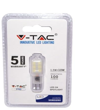 V-TAC LED Spotlight G4 Samsung Chip, 6400 K, 100 lm, 1.5 Watt, A, Plastic, White, One Size