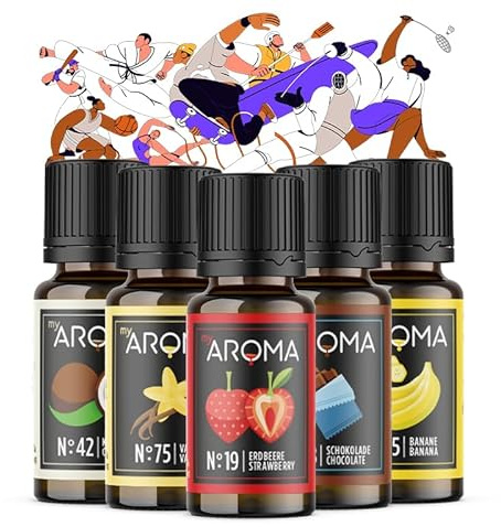 myAROMA Flavour Drops Set, Sport-Energie 10mlx5, Bananen, Erdbeeren, Kokosnuss, Schokolade, Vanille Flavour Set, Vegan Flavor Drops Zuckerfrei, Kalorienfrei Lebensmittelaroma zum Backen, und Trinken