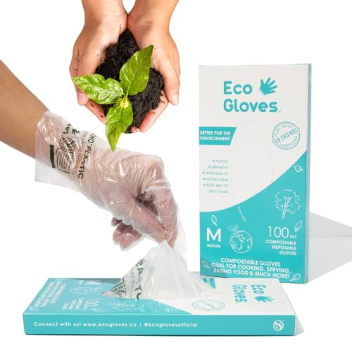 Eco Gloves Plant-Based Compostable Gloves Eco-friendly Latex Free, Powder Free, BPA Free for Food, Safety, Cleaning, Pet Care | Pack of 100 | Clear (Medium)