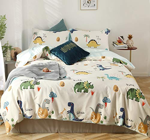 GETIYA Dinosaurier Bettwäsche 155 x 220 cm 3-teilig Weiß mit Kissenbezug 80 x 80 cm Baumwolle Wendebettwäsche mit Reißverschluss Kissenbezug 80 x 80 cm